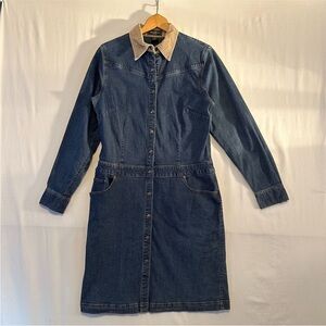 VTG Eddie Bauer Denim Western Chambray Shirt Dress with Corduroy Collar size 14.